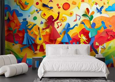 Papercut art of a family at a music festival, dancing and enjoying music, crafted from colorful paper. Wall mural