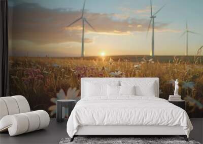 Serene meadow with wildflowers in the foreground and wind turbines in the distance, all under a golden sunset sky. Wall mural