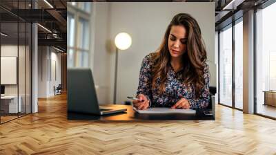 Beautiful woman preparing for new project, writing notes. Wall mural