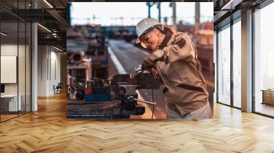 Beautiful woman working at heavy industry factory. Wall mural