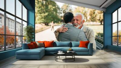 Elderly father and adult son hugging in the park. Wall mural