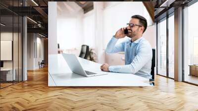 Portrait of handsome young male in glasses sitting at office desk with laptop computer and talking on mobile phone. Wall mural