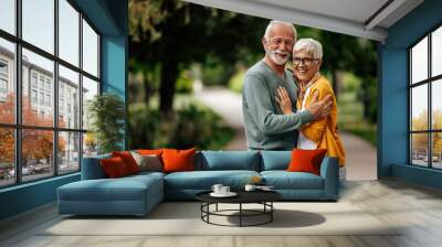 Senior couple, happily posing for the camera, in the park. Wall mural