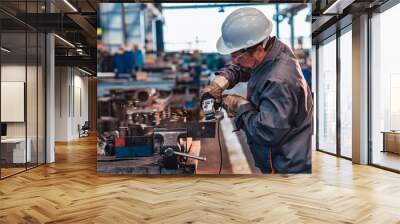 Skilled industrial worker grinding metal part. Wall mural