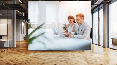 Smiling partners working at desk using laptop in the office Wall mural