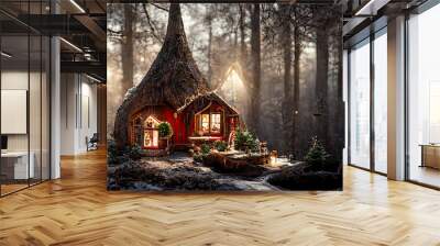 3D illustration rendering of an Enchanted Forest with Santa's house beautifully decorated for Christmas. Wall mural