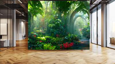 A beautiful enchanted forest with big fairytale trees and great vegetation. Digital Painting Background, Illustration Wall mural