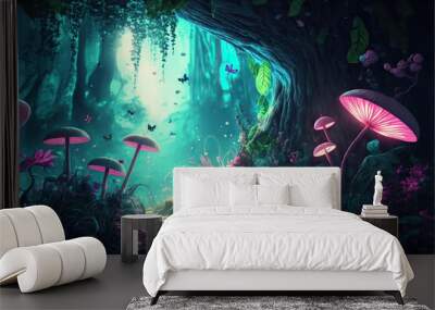 A beautiful fairy tale enchanted forest with big trees, tropical vegetation and many colorful insects Wall mural