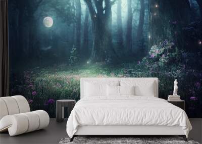 A beautiful fairytale enchanted forest at night with a big moon in the sky illuminating trees and great vegetation Wall mural