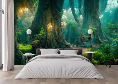 A beautiful fairytale enchanted forest with big trees and great vegetation. Digital painting background Wall mural