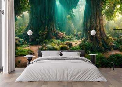 A beautiful fairytale enchanted forest with big trees and great vegetation. Digital painting background Wall mural