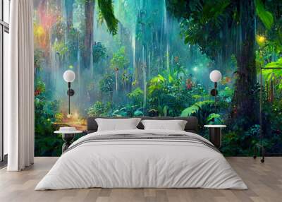 A beautiful fairytale rainforest on a summer morning with sunbeams. Digital Painting Background, Illustration. Wall mural