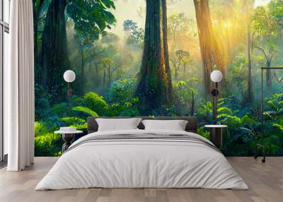 A beautiful forest with big fairytale trees on a summer morning with sunbeams. Digital Painting Background, Illustration. Wall mural