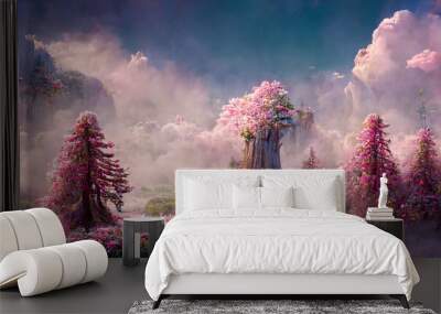 A beautiful pink enchanted forest with big fairytale trees and great vegetation. Digital painting background Wall mural