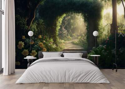 A beautiful secret fairytale garden with flower arches and beautiful tropical forest with colorful vegetation Wall mural