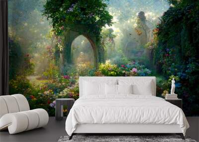 A beautiful secret fairytale garden with flower arches and colorful greenery. Digital Painting Background, Illustration Wall mural