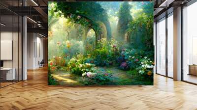 A beautiful secret fairytale garden with flower arches and colorful greenery. Digital Painting Background, Illustration Wall mural