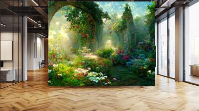 A beautiful secret fairytale garden with flower arches and colorful greenery. Digital Painting Background, Illustration Wall mural