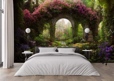 A beautiful secret fairytale garden with flower arches and colorful greenery. Digital painting background Wall mural