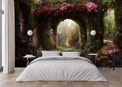 A beautiful secret fairytale garden with flower arches and colorful greenery. Digital painting background Wall mural