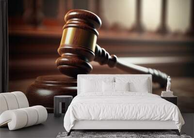 A judge's gavel in detail with an empty courtroom in the background, close-up. Wall mural