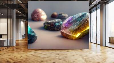 Crystals and Minerals from Gemstones Esoteric spiritual practice. Feng Shui, reiki therapy concept. AI generated image. Wall mural