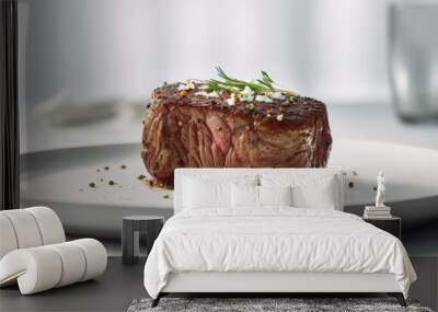 Delicious, juicy and tender tenderloin steak on a white plate with salt and pepper. Generative AI. Wall mural