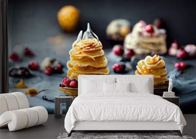 Delicious and delicate dessert with vanilla and raspberry cream with mango, whipped cream. Illustration. Wall mural