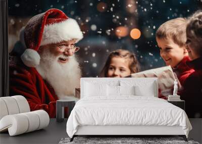 Friendly and smiling Santa Claus handing out gifts to children on Christmas night. Wall mural