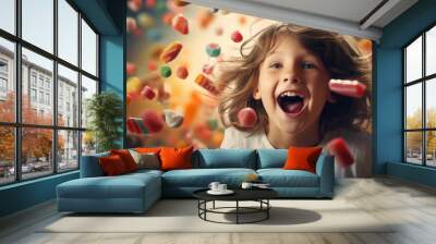 Happy children among sweets, candies, cookies, chocolates, lollipops, with energy and smile. Wall mural