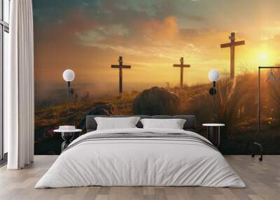 Image with three crosses on a hill at sunset for Easter feast Jesus Christ crucifixion concept. Wall mural