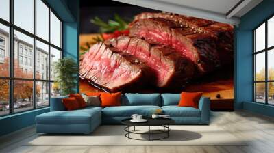 Juicy Angus steak or sirloin steak grilled over hot coals, sliced rare on a wooden board. Generative AI. Wall mural