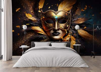 Mardi Gras Mask on Black Background with Glitter, Gold Foil, Confetti, Streamers, Bokeh Lights and Shiny Feathers. Wall mural