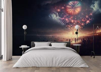 New Year's party celebration at night on the beach with fireworks Wall mural