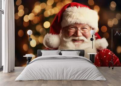 Portrait of friendly and handsome Santa Claus in his house smiling and looking smiling at camera. Wall mural