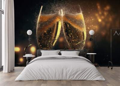 Two glasses of champagne touching each other and toasting at night New Year's party celebration on the beach Wall mural