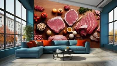 Various cuts of meat on the table. Chorizo and delicious sirloin steak. 3D illustration rendering. AI generated image Wall mural