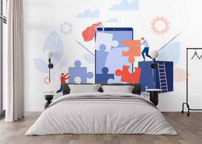 People make smartphone app, puzzle vector illustration. Wall mural