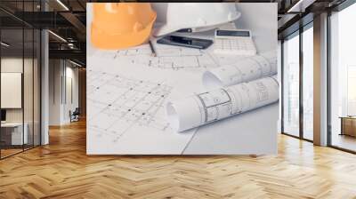 Architect, engineer concept, Represents the working style of architects, engineers With construction drawings Wall mural