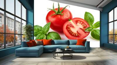 Fresh red tomato with basil leaves isolated on white background Wall mural