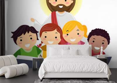 Stickman Kids Read Bible Jesus Illustration Wall mural