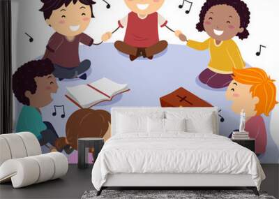 stickman kids singing praise illustration Wall mural