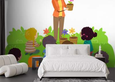 Stickman Kids Teacher Flowers Illustration Wall mural