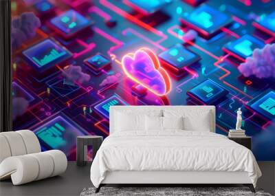 Cloud computing platform concept with Chipset and Network Visualization Over Circuitry. Wall mural