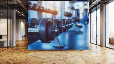 Dumbbells in modern gym, representing fitness, strength training, and healthy lifestyle. Wall mural