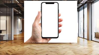 Hand holding a mockup smartphone with blank screen on transparent background. For marketing, app design, technology and connectivity concept. Wall mural