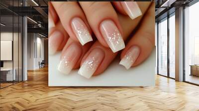 Nail art design for wedding. Close up of beautiful female hands with beautiful manicure in gentle tones with rhinestone. Idea for manicure nail paint, Classic wedding bride nails design. Wall mural