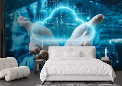 Two hands holding holographic display presenting futuristic cloud computing, concept of innovation and technology. Wall mural