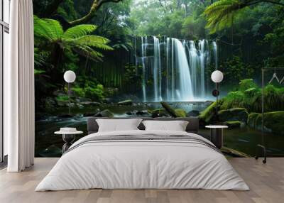 waterfall in dense green forest and beautiful views Wall mural