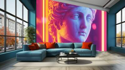 Ancient Greek head sculpture of a woman, neon tones Wall mural